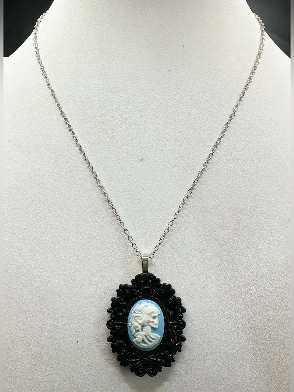 BLACK CAMEO PENDANT SKULL LADY  NECKLACE WITH BLUE ACCENT GIRLY GOTH